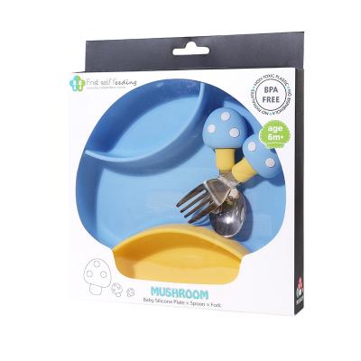 China BPA Free Mushroom Food Grade Silicone Baby Dish With 316 SS Fork Spoon Children's Tableware Baby Feeding Set for sale