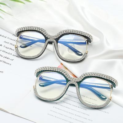 China 2022 High Quality Luxury Blue Elegant Diamond Rhinestone Women's Computer Glasses Ladies Eyeglasses Fashion Light Filter Glass Frame for sale