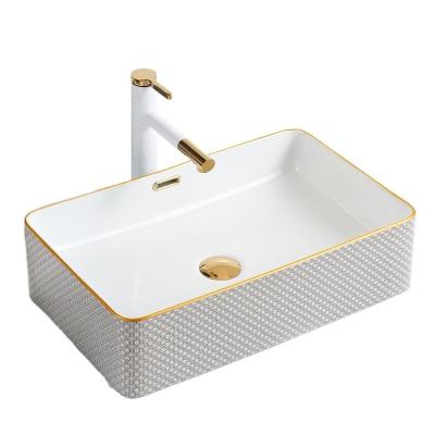 China New Design Bathroom Basin Modern Ceramic Rectangular Gold Wash Basin Luxury White Bathroom Sink for sale