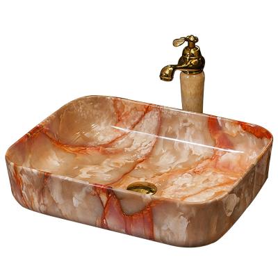 China Modern Marble Pattern Bathroom Wash Hand Basin Countertop Ceramic Rectangular Sink For Hotel for sale