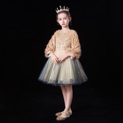 China Luxury Breathable Gold Evening Dress For Teen Girls Sequins Beaded Formal Girls Dresses Long Sleeve Princess Dresses for sale