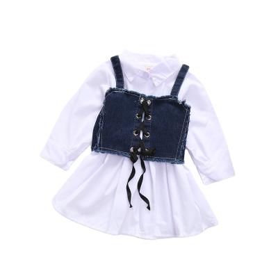 China Autumn Kids White Shirt Breathable Blouse With Denim Belt 2pcs Outfit ClothesToddler Girls Blue Blouse for sale