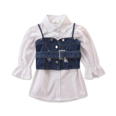 China Breathable Toddler Girl Kids Autumn White Long Sleeved Turn Down Collar Blouse +Denim Belt 2-6T Girls Blouse for sale