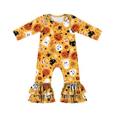 China Cozy Baby Clothes Halloween Romper Newborn Baby Clothestoodler Flared Overalls Pumpkin Ruffles Zipper Overall Baby Romper for sale