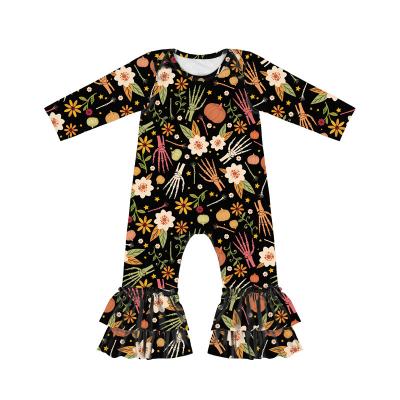 China Comfy Baby Clothes Halloween Rompers Printed Toddler Flared Baby Rompers Jumpsuit Pumpkin Ruffles Zipper Overall Baby Romper for sale