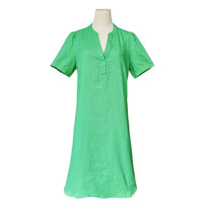 China Anti-Static Summer Casual 100% Linen Fashion elegant simplicity short sleeve V-neck short length Women's Dresses for sale