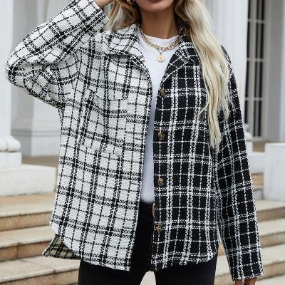 China New Black And White Stitched Single Breasted Cardigan Women'S Long Sleeve Shirt Breathable Plaid Coat for sale