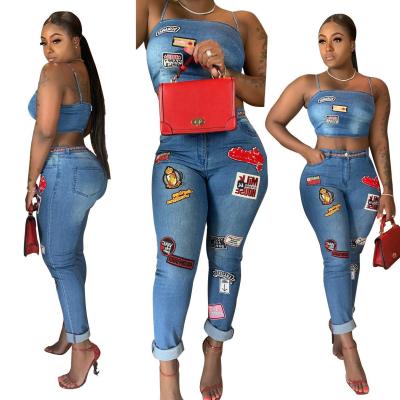 China QUICK DRY Women Denim 2 Piece Set Strap Jeans Jeans Pants Long for sale