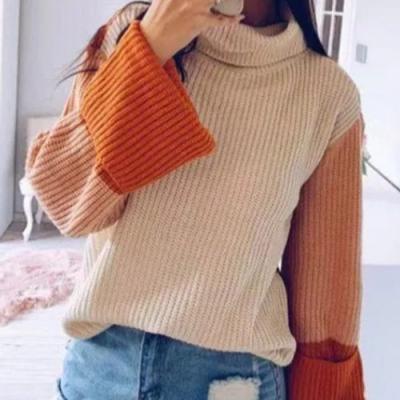 China New Anti-wrinkle Women's Sweater Stripe Sleeve Turtle Neck Sweater Autumn/Winter Loose Long Knit Sweater for sale