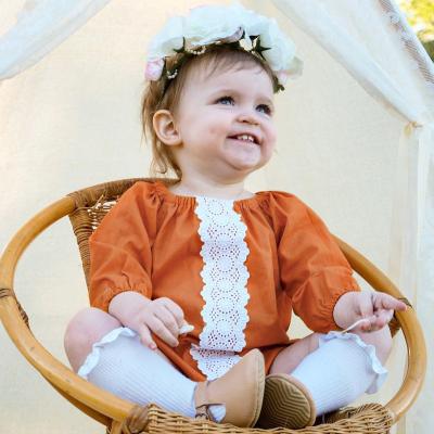 China Popular INS Breathable Washable Eco-friendly Baby Lace Up Pumpkin Color Baby Overalls Long Sleeve Cute Crawling Romper Costume for sale