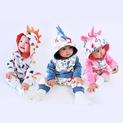 China Hot Selling INS Dinosaur Romper Long Sleeve Eco-Friendly Popular Wholesale Hooded Jumpsuit Baby Romper Popular Breathable Eco-Friendly for sale