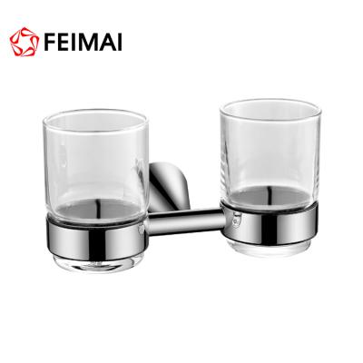 China Drinking Double Tumbler Holder With Glass, Modern Brass Toothbrush Bathroom Accessories Glass Holder for sale