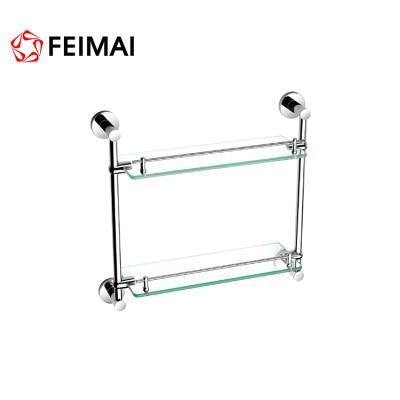 China Wall Mounted Type 2 Layers Bathroom Wall Mounted Rectangular Brass Glass Shelf Chrome Plated for sale