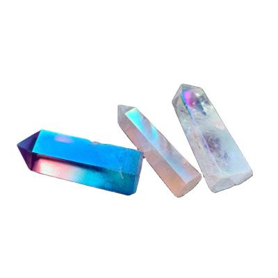 China Wholesale Europe Crystal Crafts Home Table Figurine Coated Light Pink Rainbow Aura Quartz Point Faceted Quartz Wand Tower 5-6cm for sale