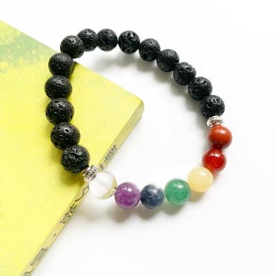 China Casual/Sports Natural Healing Balance Bead Energy Crystal Black Valconic Lava Stone Healing Bracelet 7 Chakra Beaded Bracelet Yoga Sport for sale