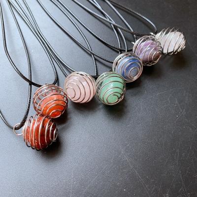 China Copper Wire Wrapped Spring Necklace Casual Irregular Stone/Sporty Amethyst Silver Pendant Tumbled Stones Wax Rope Chain Pendant Jewelry for sale