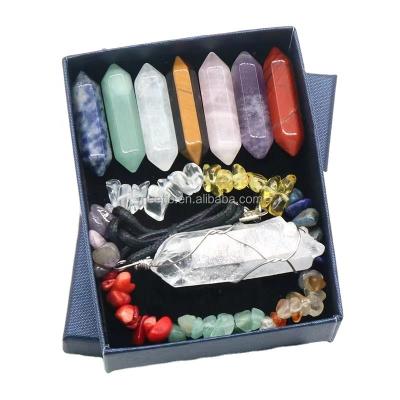 China Europe 7 Chakra Stone Kit Meditation Set Gravel Bracelet Stone Wire Wrapped Set Point Crystal Pendant Necklace Raw Crystal Chakra for sale