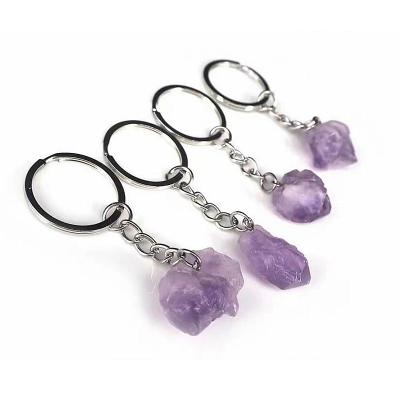 China Key Chain Metal Druzy Crystal Cluster Amethyst Point Pendant Crystal Key Ring Natural Purple Quartz Rough Stone for sale