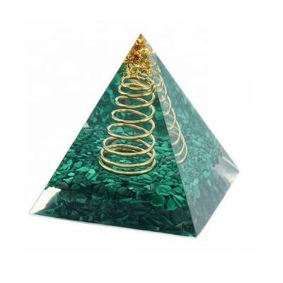 China Europe Malachite Tower Natural Green Chips Stone Resin Figure Orgonite Pyramid Open Resin Orgone Crystal Pyramid for sale