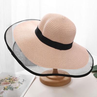 China Summer Lightweight Soft Foldable Lace Brim Sun Wide Brim Hat For Women, New Design Ladies Straw Beach Paper Hat With Net Mesh Cloth for sale