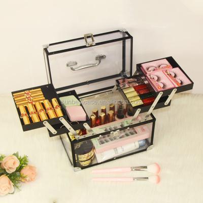 China Fashion ACR4204 Clear Fashion Clear Makeup Case Acrylic Beauty Boxes Vanity Train Case Toiletry Box with Trays and Key for Teens and Lady for sale