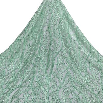 China Viable Handmade Beaded Sequin Tulle Embroidery Mesh 3D Sea Green Dress Lace Fabric Wholesale Sea Green Fabric for sale