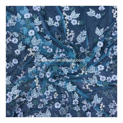 China Viable Navy Flower 3D Handmade Sequin Beaded Embroidery Lace Fabric Wholesale Dress Lace Fabric For Party for sale