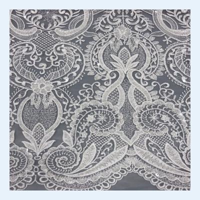 China Wholesale Viable Embroidery White Lace Glitter Sequins Beaded Lace For Bridal Gown Wedding Dress Fabric for sale