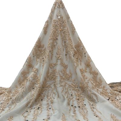 China Sustainable Handmade Sequin Beaded Embroidered Dress Wholesale Sequins Lace Up Fabric For Evening Dress for sale