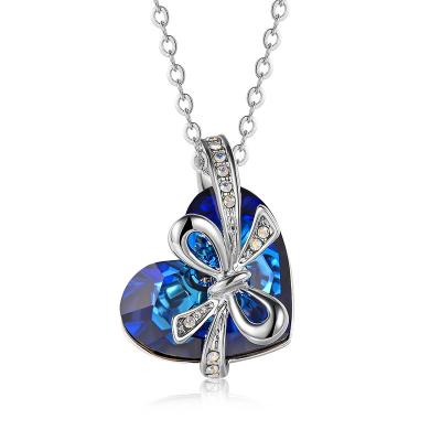 China Austrian Crystal Necklace Heart Bow Pendant Necklace Romantic Blue Heart Necklace Wholesale Supplier for sale