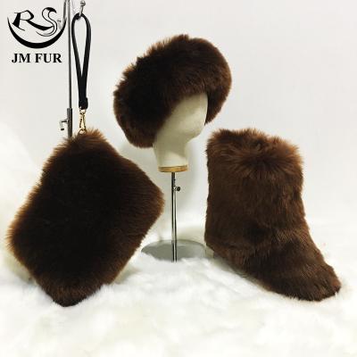 China Fashion Anti-slippery Outdoor Women Winter Faux Fur Snow Boots and Purse Headband Luxury Fluffy Warm Set for sale