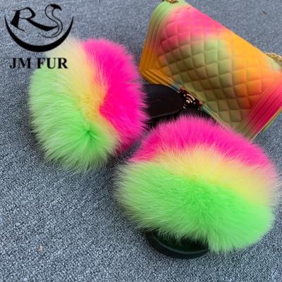 China Fashion Trend 2021 Summer New Women Fashion Colorful Match Fur Slides Fanny Pack Multicolor Purse Handbags for sale