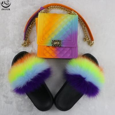 China Fashion Trend Design Women Rainbow Colors Chain Bag Cross - Body Handbags Fur Slides Sandals and Jelly Purse Set for sale