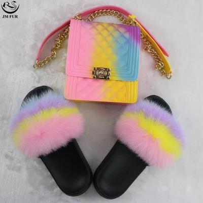 China 2021 Summer Hot Sale Fashion Women's Outdoor Open Toe Fur Sandals Colorful Jelly Purse and Matching Fur Slippers Sets for sale