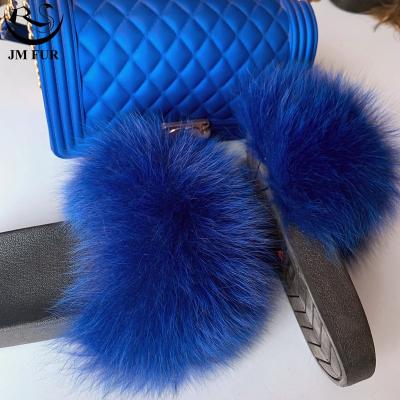 China Fashion Trend Good Quality Jelly Purse And Plush Fur Reccoon Slides Real Colorful Durable Women Slippers Sandals And Purse Bag Sets for sale