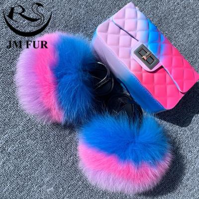 China Fashion Trend New Arrival Rainbow Colors Shoes And Purse Sets Shoulder Bags Fur Slides And Matching Purse Set for sale