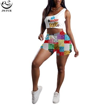 China Popular Anti-wrinkle one shoulder sleeveless top t-shirt and patchwork printing shorts set beach vest bar fashion tracksuit two-piece set for sale