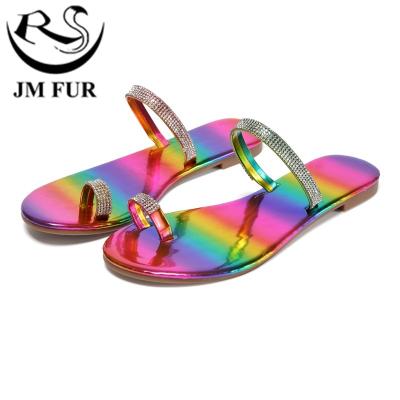 China Wholesale Fashion Trend Color Pinch Toe Slippers Rhinestone Beach Flat Sandals For Women for sale