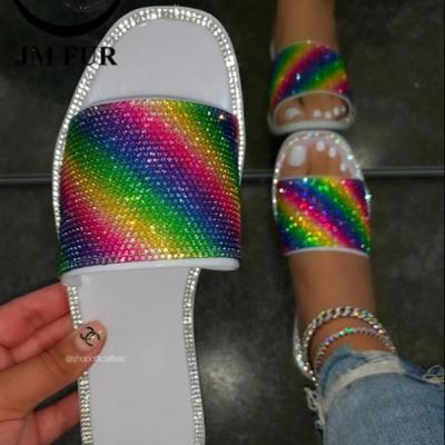 China Fashion Trend Custom Design Diamond Colorful Soft Slides Trendy Bling Shining Rhinestone Beach Slippers Flat Non-slip Sandals for sale