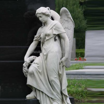 China Traditional Marble Carved Life Size Female Angel Statue With Wreath For Cemetery for sale