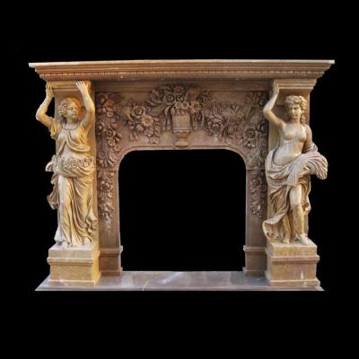 China Hand Carved Professional Factory And Experienced Workers Hand Carved Natural Sunset Red French Fireplace Mantel With Figure Statue for sale