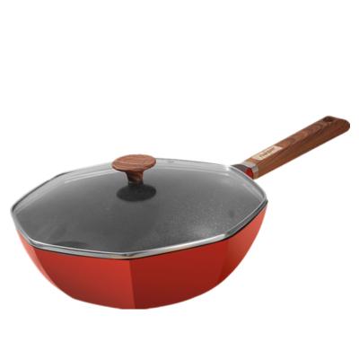 China Sustainable Nonstick Frying Pan Octagonal Wok Pan With Wooden Silicone Handle 30cm for sale