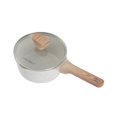 China Sustainable Milk Pan Non-Stick Baby Cooking Multifunctional Household Pot With Spouts Aluminum Cooking Pot With Wooden Handle for sale