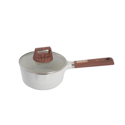 China Viable Milk Pot Casserole With Spout Non-stick Sauce Pot Multifunctional Aluminum Cooking Pot With Silicone Wood Handle for sale