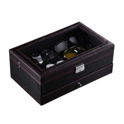 China Watch Storage Display Stain Supply 6 Slots PU Carbon Black Fiber Leather Watch Box With 3 Slot Glass Display Double-Layer Jewelry Storage Box for sale