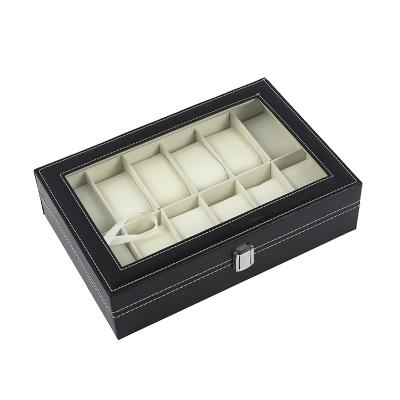 China Leather 12 Slot PU Leather Case Watch Storage Display Case Handmade Black Home Watch Storage Box for sale