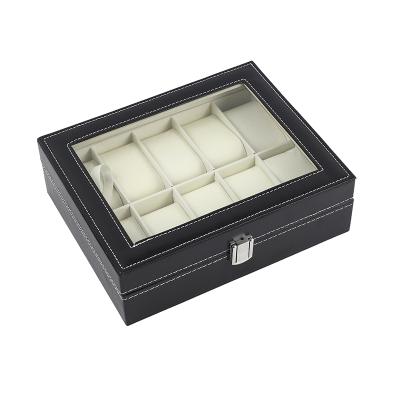 China 10 Slot PU Board Handmade High Density Black Leather Watch Box With Stained Glass Watch Leather Box for sale