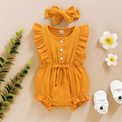 China Summer Babies Breathable Romper+Headband Cotton Canvas Ruffles Sleeveless Infant Rompers Newborn Clothes for sale