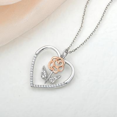 China Custom Anti Tarnish CZ Jewelry Love Couples Hollow Out Rose Flower Heart Pendant Charms Necklace for sale