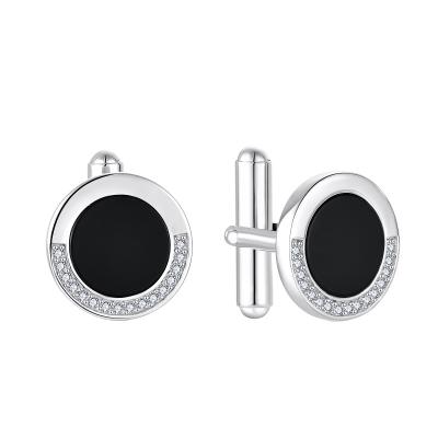 China Silver Cufflinks for Men, 925 Sterling Silver Round Cuff Links with 3A Zircon Black Onyx Stone for sale